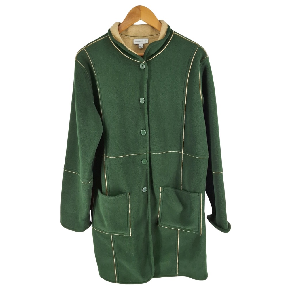 Susan Graver Reversible Fleece Coat Green Tan Button Front Jacket Womens Small